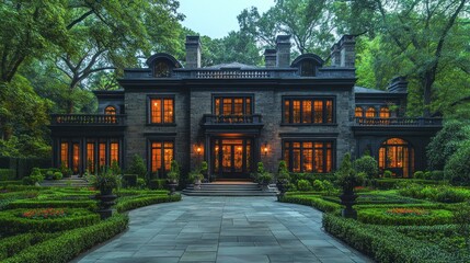 Majestic Stone Mansion at Dusk