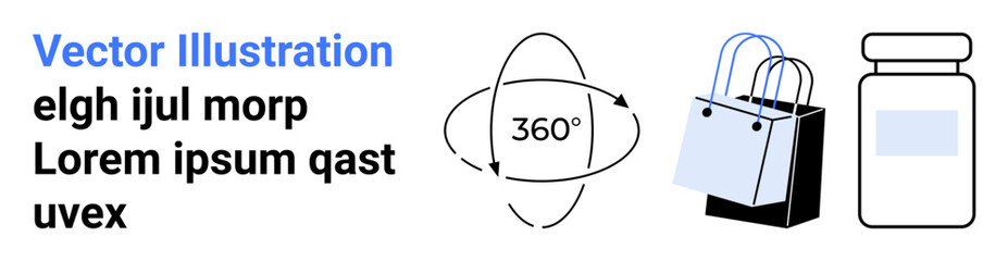 360-degree product rotation arrows, shopping bag, and medicine bottle. Ideal for e-commerce, retail, product display, online shopping, healthcare, marketing and flat landing page banner