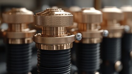 Close-up of several copper-colored mechanical components with black rubber parts.