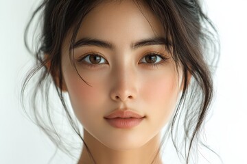 Naklejka premium Close-up shows a pretty woman with brown eyes & dark hair on a white backdrop