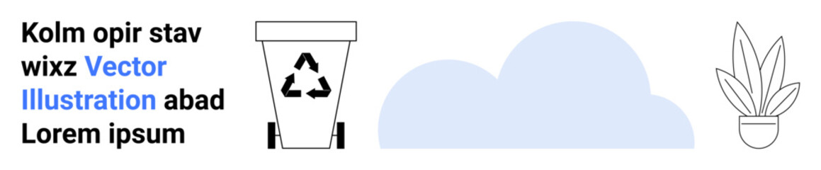 Recycling bin with a triangle recycle sign, cloud, and potted plant. Ideal for sustainability, ecology, recycling, environment, climate change, green energy minimalistic flat landing page banner