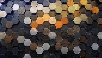 A dynamic display of hexagonal wooden panels featuring a diverse array of textured patterns in shades of brown and black creates a visually engaging wall, highlighting natural wood grains and