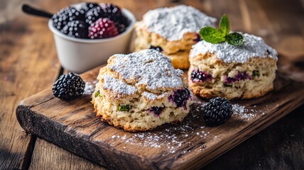 Afternoon tea with scones, jam, blackberries, and hot drink