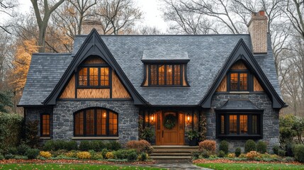 Elegant Stone House with Dark Windows and Autumnal Surroundings