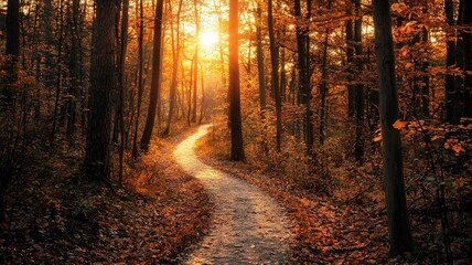 Serene autumn woodland trail lit by morning sun