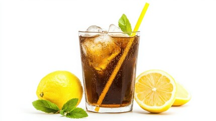Iced tea glass, lemon, straw, isolated with white background