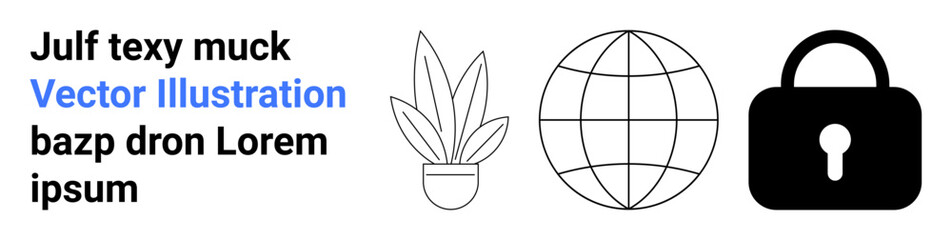 Potted plant, wireframe globe, and padlock outline key themes of sustainability, global access, and data protection. Ideal for ecology, connectivity, technology privacy and cybersecurity. Perfect