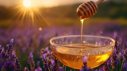 Honey Drizzling into Glass Bowl in Blooming Field