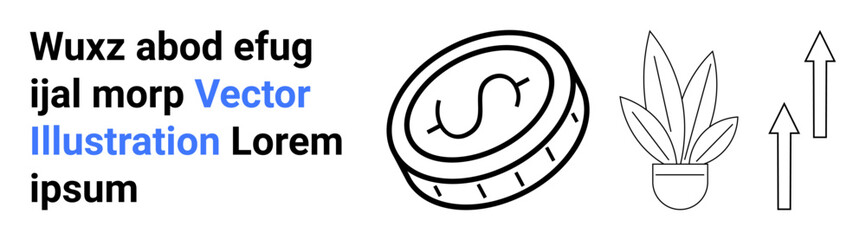 Coin with dollar sign, potted plant, and upward arrows. Ideal for finance, investment, growth, eco-business, startups, progress sustainable initiatives flat landing page banner
