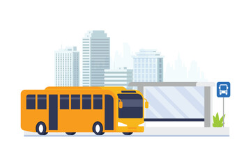 Empty bus stop with city skyline background. Bus stop public transport in flat vector illustration