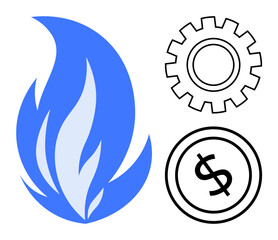 Blue flame symbolizes energy. Gear and dollar coin highlight industry and cost analysis. Ideal for energy, industry, cost-efficiency, business, economy, engineering, sustainability flat simple