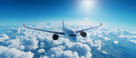Panoramic view of plane above the clouds and clear blue sky 