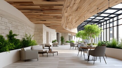 Fototapeta premium Modern Interior with Curved Earthen Wall and Reclaimed Wood Ceiling Design