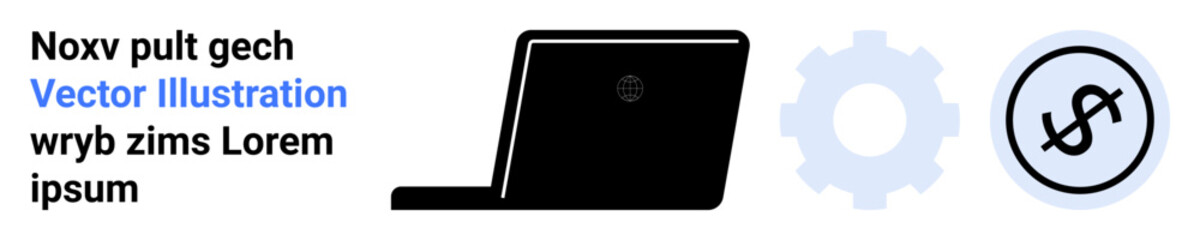 Laptop silhouette next to a gear and dollar sign represents technology, finance, innovation, productivity, business strategy, software solutions. Ideal for apps, startups, marketing IT services