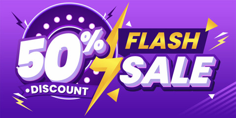 Obraz premium 50% Flash Sale Discount Banner with Vibrant Purple Lightning Design