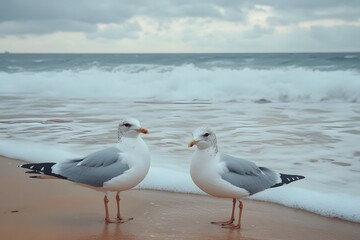 Two Seagulls on Sandy Beach Ocean Waves Background