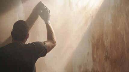 Obraz premium Painter applying primer to a wall before painting. Featuring technique and preparation
