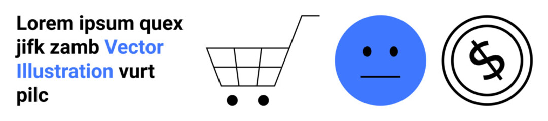 Fototapeta premium Minimalist shopping cart, blue neutral emotion face, and dollar sign circle suggest consumerism, online shopping, payments, purchasing habits. Ideal for retail, emotions, finance e-commerce user