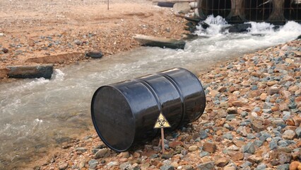 Close up of industry oil fuel tank spilling water pollution, Conserve water and Environment Issue,...