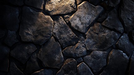 A detailed view of a textured dark stone surface showcasing irregular shapes highlights and shadows...