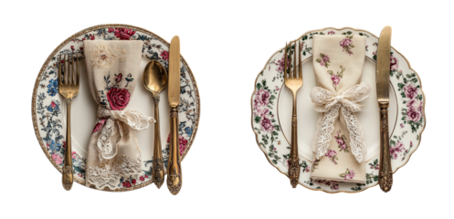 Elegant Table Setting with Floral Plates and Vintage Cutlery Display