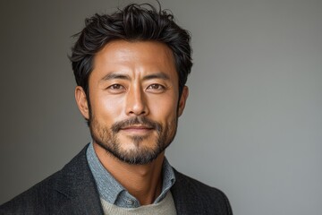 Obraz premium Confident man with dark hair, beard, gray shirt, & coat posing indoors