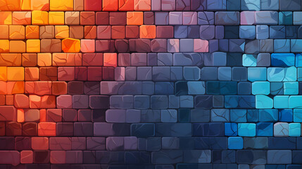 Abstract Brick Wall Texture with Gradient Colors in Orange and Blue for Decorative Backgrounds and Artistic Designs