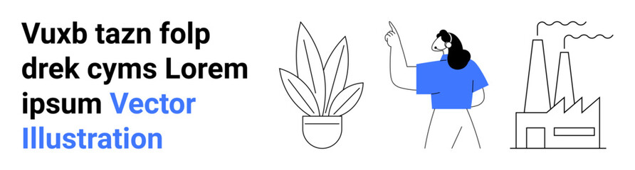 Woman gesturing amidst a potted plant and factory illustration. Ideal for sustainability, green energy, environmental issues, corporate responsibility, education, technology, flat landing page banner