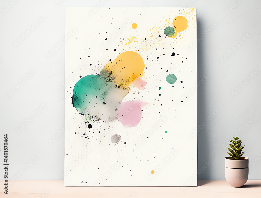 Poster vibrant abstract painting features playful paint splashes in various colors on a clean canvas. ideal