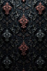 Dark, intricate patterns with gothic damask design in black fabric weave, mysterious textures, damask, dark