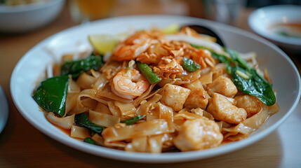 Delicious pad see ew with shrimp and tofu thai food stir fried noodle dish cuisine restaurant meal close up