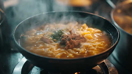 Delicious ramen noodle soup with beef and vegetables hot pot cooking meal asian cuisine food photography