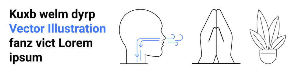 Head with airflow diagram, praying hands, and a potted plant. Ideal for wellness, mindfulness, meditation, health, relaxation sustainable living stress relief. Perfect for flat landing page banner