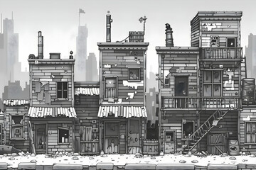 Detailed Grayscale Illustration of Old Urban Cityscape with Rustic Stacked Buildings Facade and Textured Details