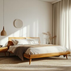 A sun-drenched bedroom with a natural wooden bed and minimalist decor.