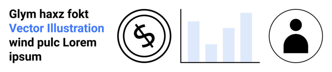 Dollar sign in a circular design, bar graph representing data insights, user profile silhouette. Ideal for finance, analytics, economy, marketing, user engagement, statistics abstract line flat