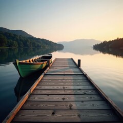 Fototapeta premium Distressed wooden dock with old boat moored to it on a tranquil lake in early morning, wooden dock, lake