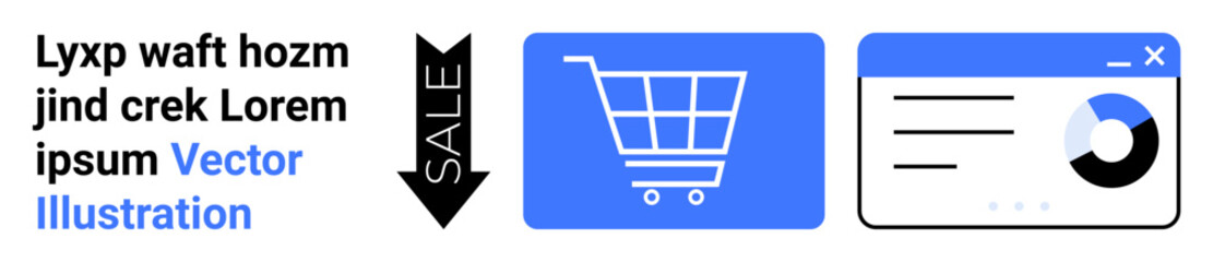 Shopping cart with sale tag, analytics window showing pie chart data. Ideal for e-commerce, marketing, retail, business data, shopping insights, advertising, simple landing page