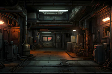 Dimly Lit Industrial Tunnel Interior with Metal Pipes Equipment and Dark Corridors in a Sci-Fi Setting