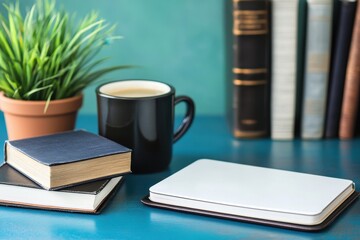 Books, coffee, and a blank tablet on a teal desk