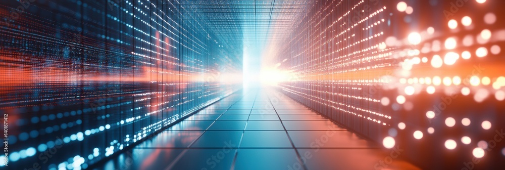 Poster Perspective view of futuristic clean tables and data rows fading into a bright light grid, showcasing advanced technology and a digital landscape