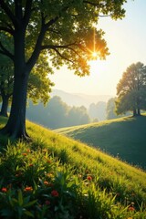 Fototapeta premium Panorama of a serene landscape with sunlight filtering through trees and illuminating the surroundings , daybreak, landscape