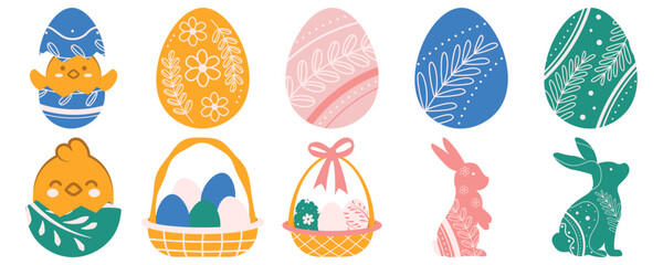 Set of easter eggs illustration. Cute bunny, chicks, and eggs in basket. Vector isolated
