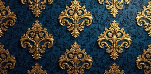 Damask pattern with gold floral motifs and intricate scrollwork, Wallpaper, Art Deco, Geometric