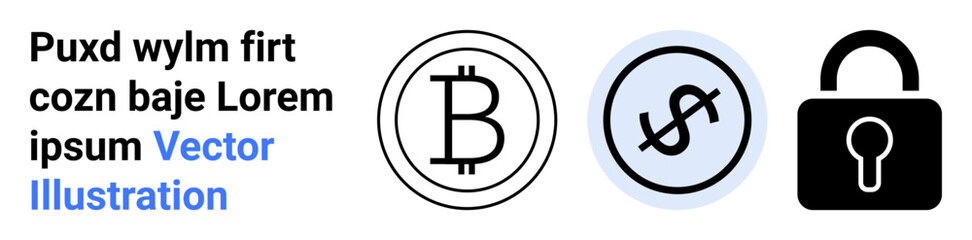 Bitcoin, dollar sign circle, and lock icon symbolize cryptocurrency, finance, and security. Ideal for financial apps, blockchain, payment systems, digital wallets fintech cybersecurity simple