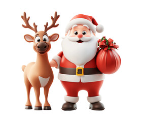 Fototapeta premium Joyful Santa Claus with a Cute Reindeer and Christmas Bag Illustration