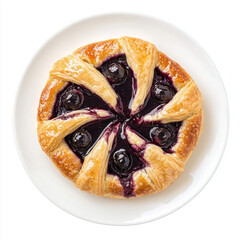 Delicious fruit cake and apple pie served on a white plate with berries and cream