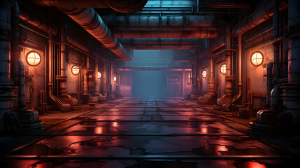 Industrial Tunnel with Metal Pipes Dark Interior and Red Lighting in a Vintage Style Underground Passage