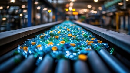 Crushed glass bottles on conveyor belt in recycling plant.