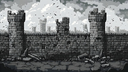 Monochrome Pixel Art of Ancient Stone Castle Ruins with Gray Walls and Towers Under a Cloudy Sky